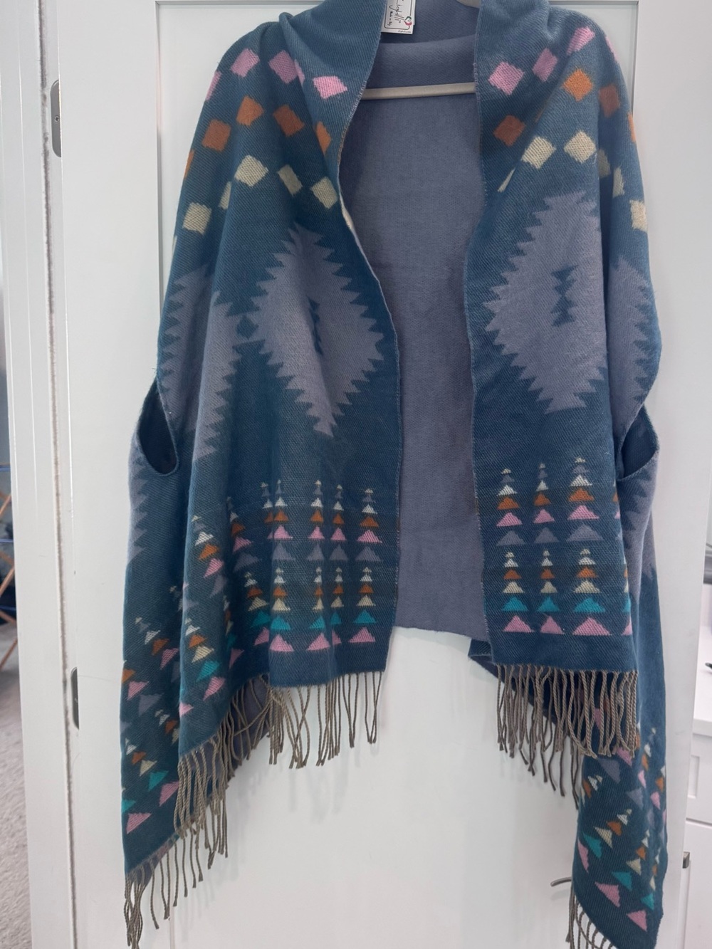 Teal Aztec-Patterned Fringe Shawl Cardigan Made in Italy